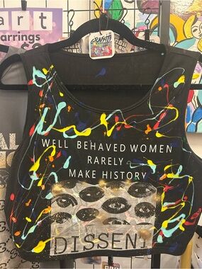 Black Graphic Crop Top with Multicolor Paint Splatter - "Well Behaved Women"